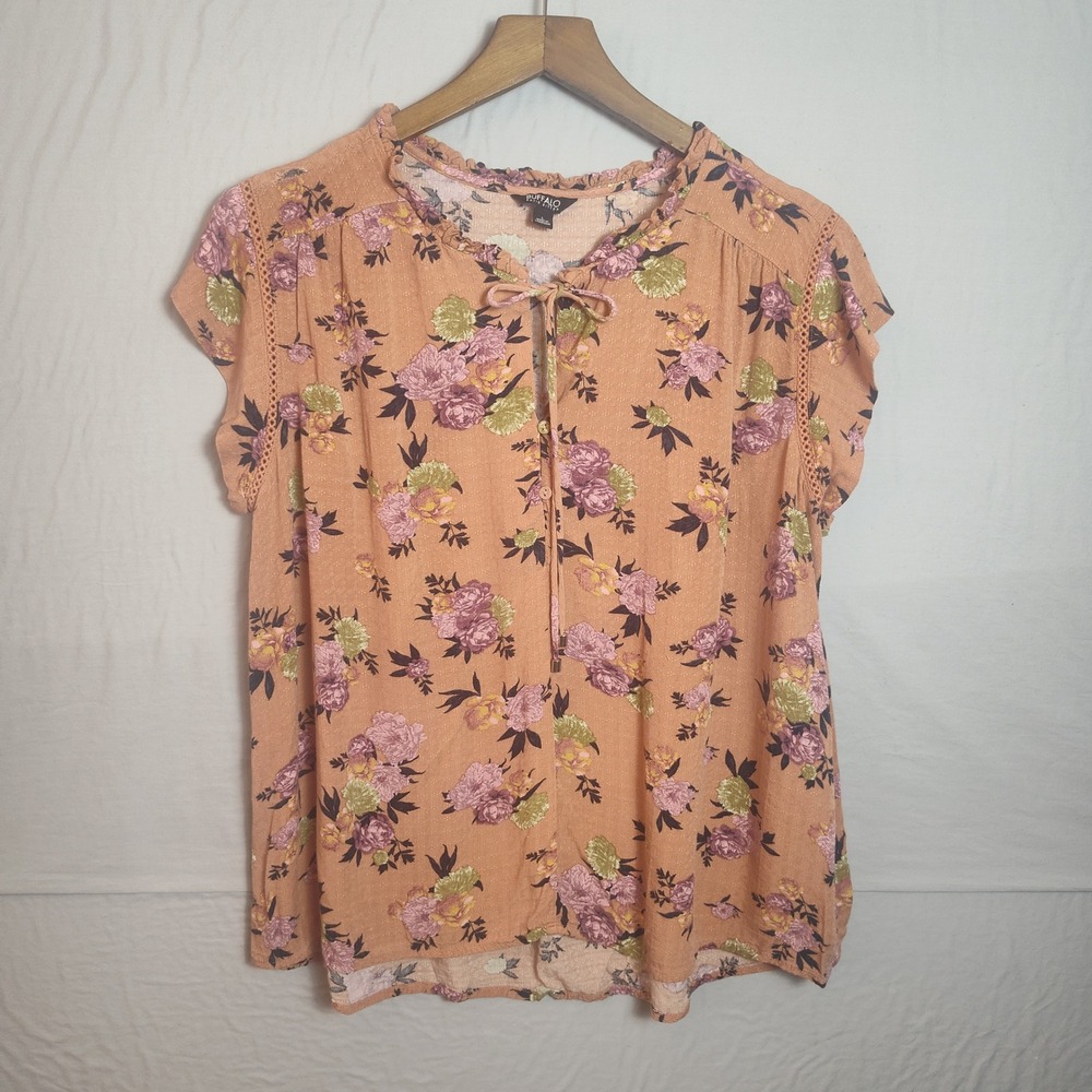 Buffalo David Bitton Women Peach Floral Ruffle Tie Neck Cap Sleeve Blouse Large